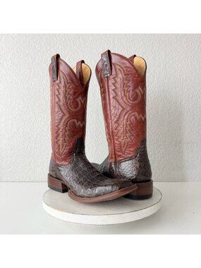 Rod Patrick Mens Cowboy Boots Western Square Toe Brown Caiman Leather Sz 12.5AA